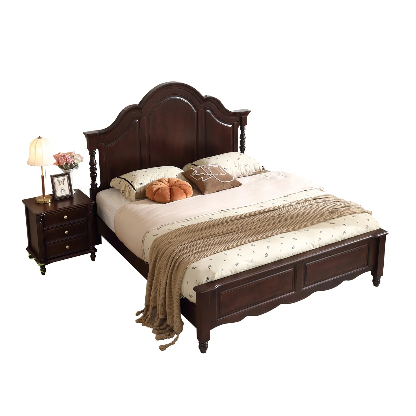 Massivholzbett aus schwarzem Nussbaum, Doppelbett, modern, schlicht, französisch, antik, Schlafzimmer, Hochbett mit hohem Bettkasten