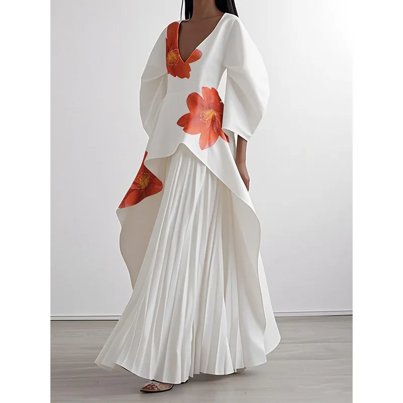 

Tinaa Deep V-neck Elegant Dresses for Woman 2025 Spring Autumn A-line Print Pleated Three Quarter Sleeve Female Max Dress 186084