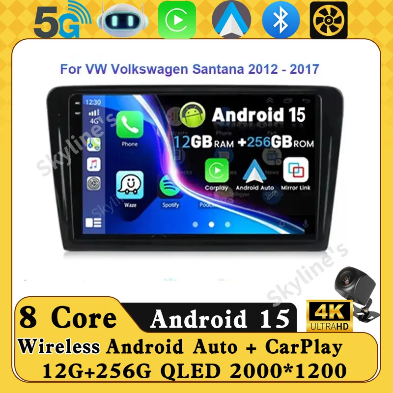 Rádio Automotivo Android 16 para VW Volkswagen Santana 2012 - 2017 Reprodutor Multimídia Navegação GPS Carplay QLED Estéreo com Câmera de Ré