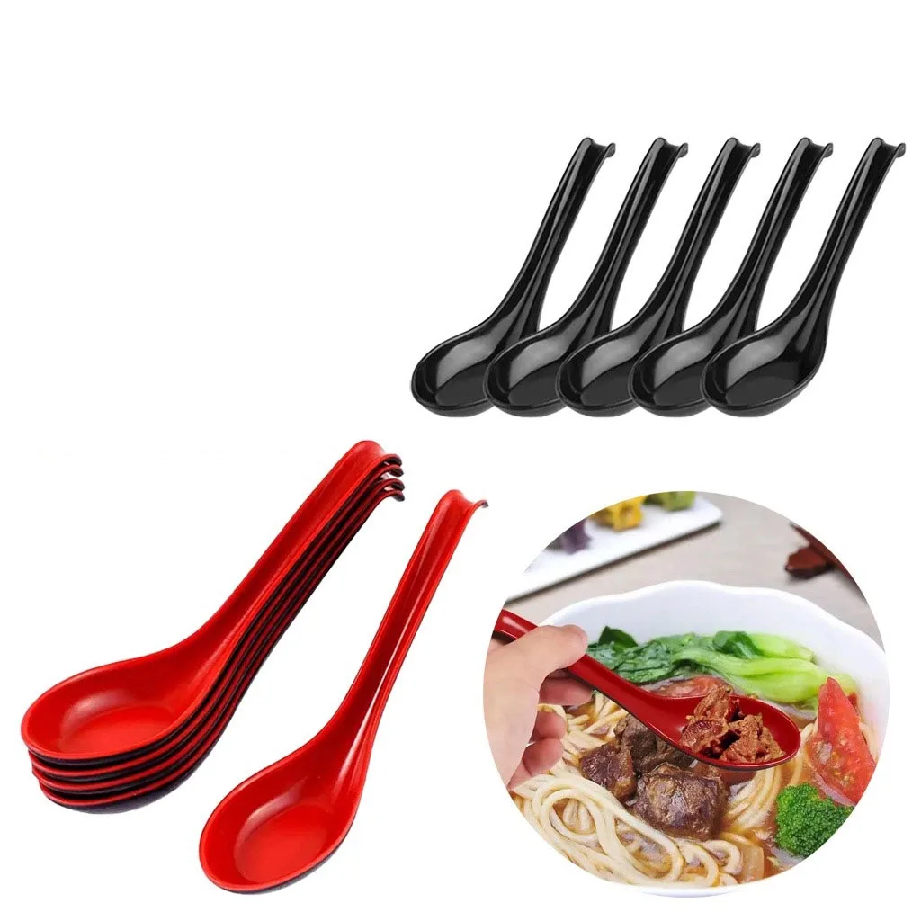 1/3/6PC Red Black Soup Spoon Anti-Shock Plastic Bicolor Spoon With Hook Melamine Long Handle Ramen Spoon Home Hotel Kitch Supply