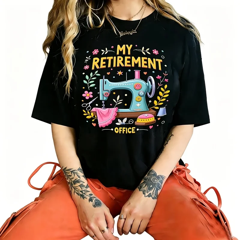 “My Retirement Office” - Sewing Machine Graphic Tee for Women Women's T-Shirt 100% Cotton Funny Graphic Short Sleeve Tee Novelty Shirt Casual Crew Neck Top S-5Xl