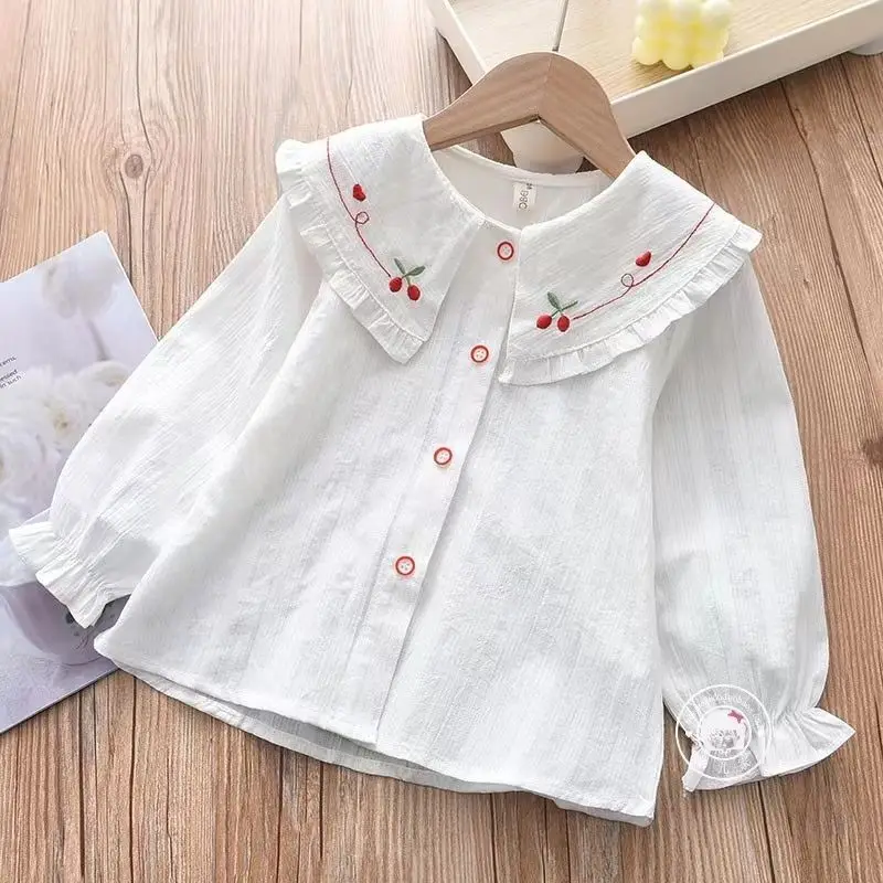 Children\'s Shirt Spring and Autumn New Korean Edition Girls\' Baby Long Sleeve Pure Cotton Shirt Top White Shirt Lace