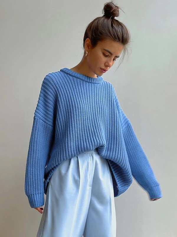 

Женский свободный вязаный свитер с круглым вырезом, теплый осенний пуловер для уличного стиля