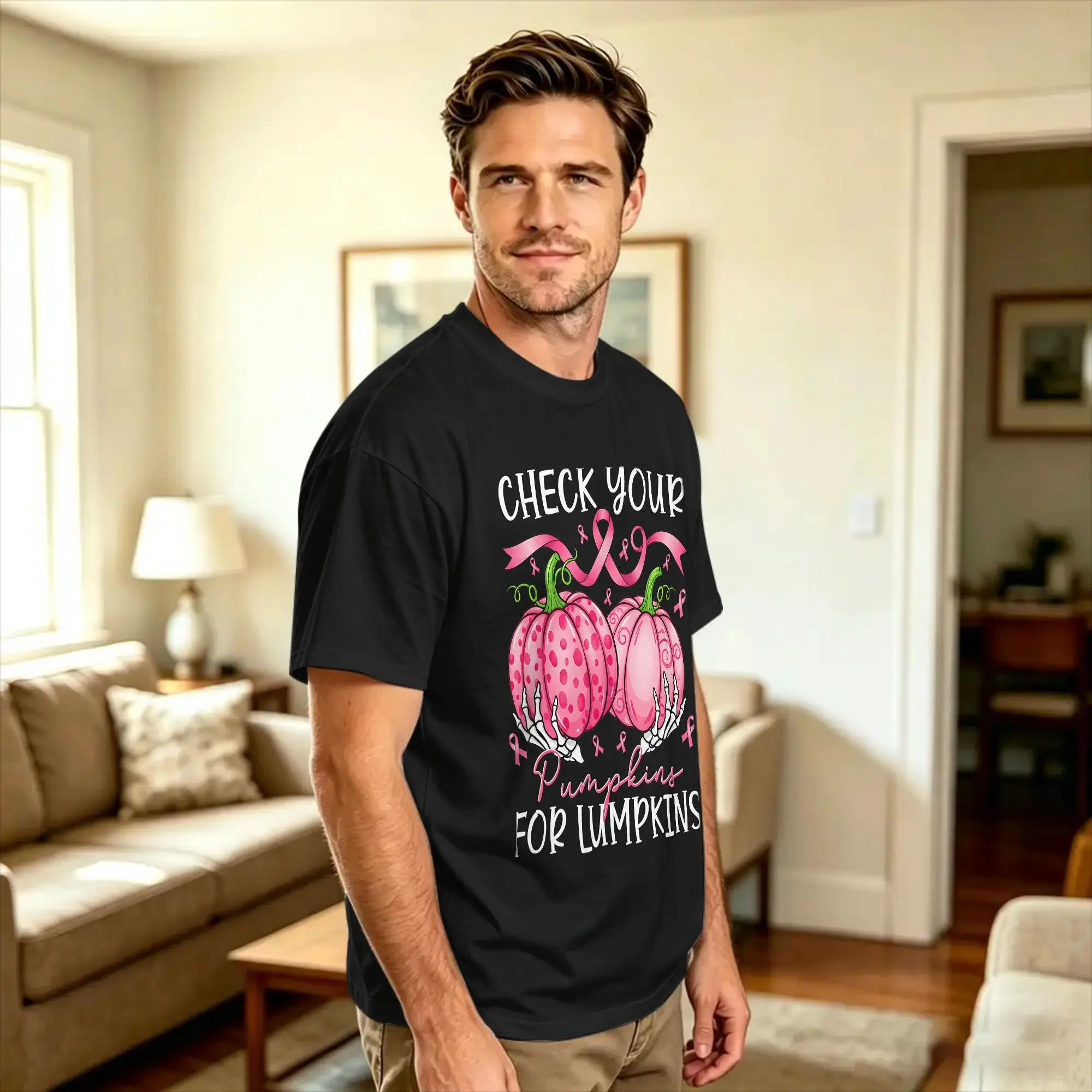 Men Check Your Pumpkins for Lumpkins Breast Cancer Awareness T Shirts  Pure Cotton Tops Summer Y2K Basic Short-Sleeved T Shirt