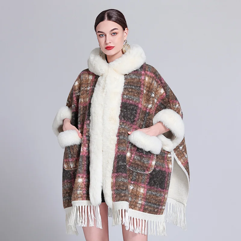 Winter Women Striped Poncho Cape Thicken Granular Velvet Warm Batwing Sleeves Long Cloak Faux Fur Streetwear Overcoat With Hat