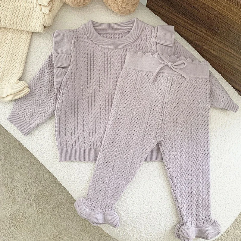 2024 New Autumn Children Clothes Set Long Sleeved Solid Color Knitted Pullover+Pants Toddler Baby Girl Knitted Clothes Suit