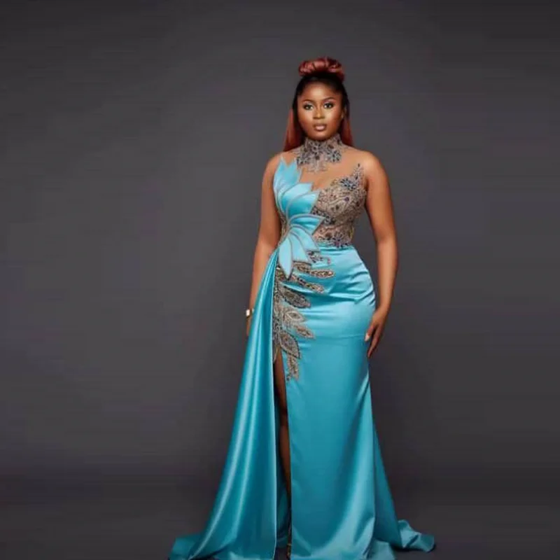 Luxury Mermaid Ball Dress Elegant Sleeveless High Neck Beaded Applique Split Evening Dress African Women's Party Gown Customized