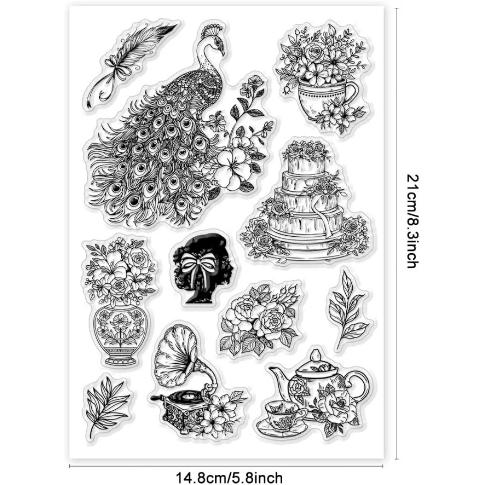 Retro Peacock Clear Stamp, Birthday Cake Silicone Stamp Vintage Tea Set Vase Rubber Stamp Transparent Rubber Stamp for