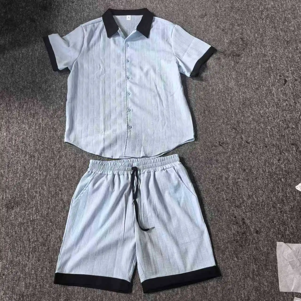 Nueva tendencia, traje para hombre, color sólido, algodón, lino, manga corta, jacquardCamisa y pantalones cortos, conjunto de 2 piezas, conjunto informal de playa hawaiana para hombre