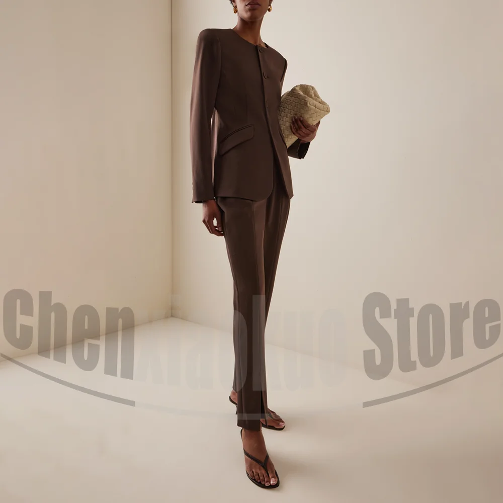 Fashion Women 2 Piece Suit Set Round Neck Single Breasted Blazer Pants Slim Fit Chic Party Office Daily Casual Ladies Suits