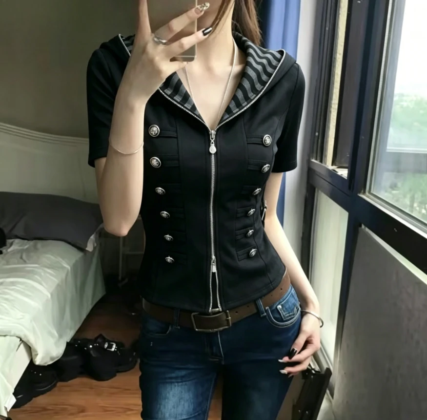 Vintage Harajuku Y2k Aesthetic Grunge Slim Fit Grunge Vest Streetwear Women Summer Suit Short Sleeve Tees Casual Summer 2026 New