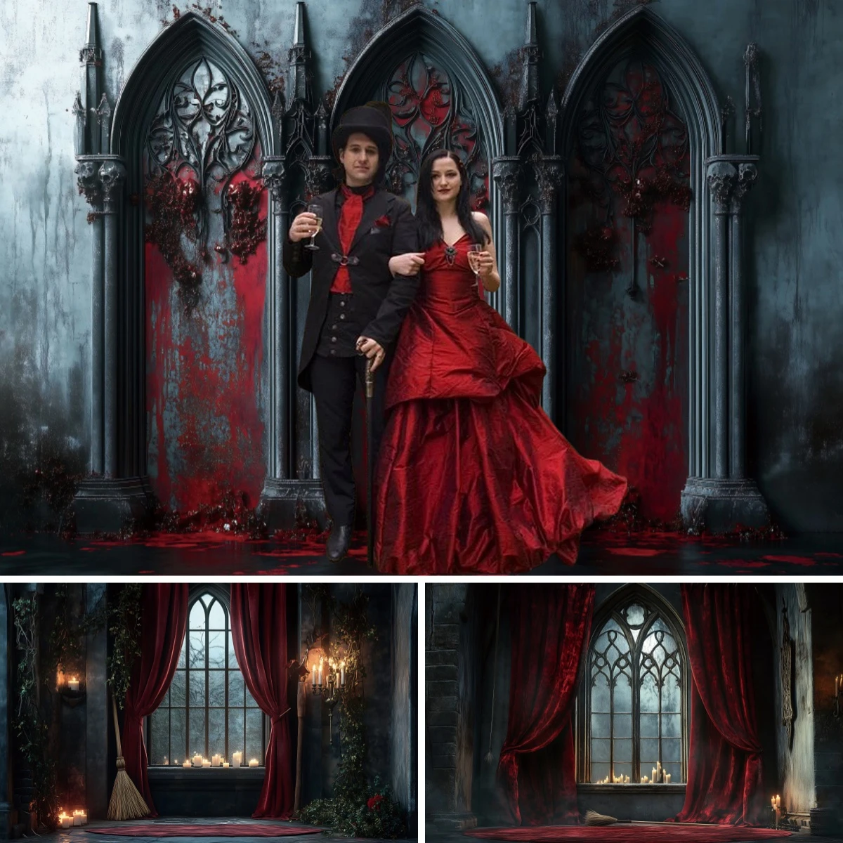Gotische Architektur Hintergrund Schädel Dekorationen Blutrot Gardinen Kerzen Fotografie Halloween Spukhaus Fotostudio Szene