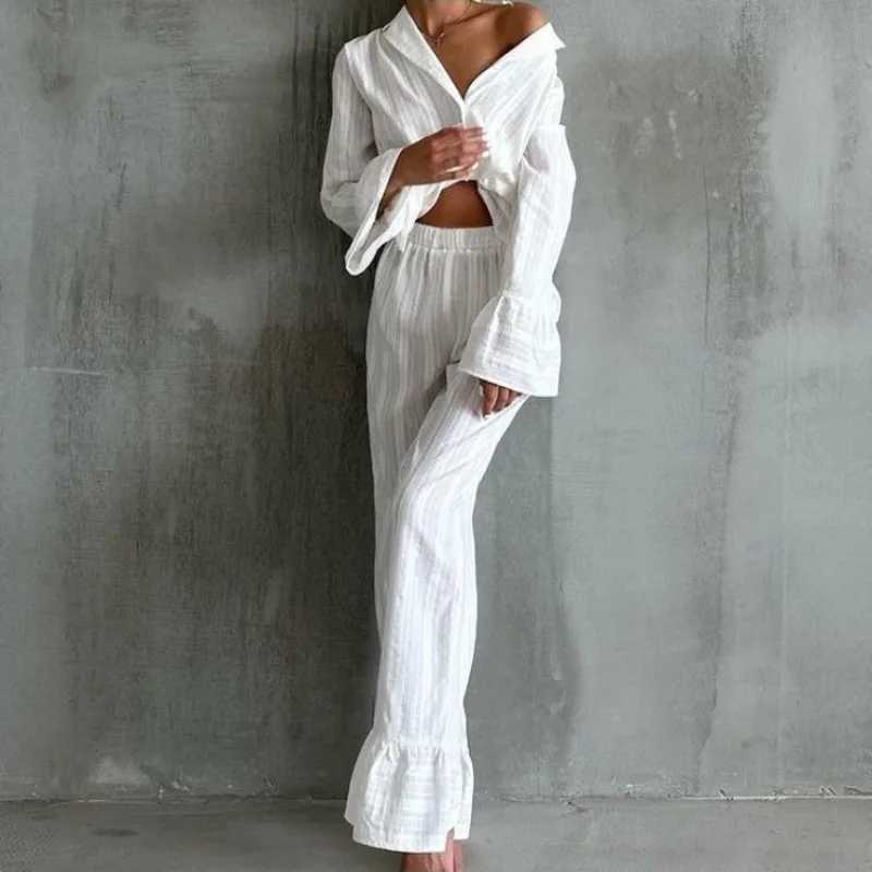 New Autumn Home Wear Pure Cotton Jacquard Comfortable Long-sleeved  Long Pants with Ruffled Edges and Skin-friendly Pajamas Set