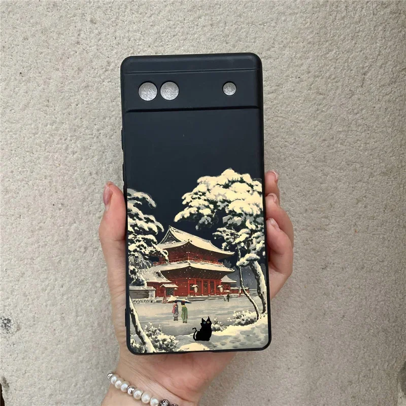 Japanese Aesthetic Black Cat Landscape Phone Case For Google Pixel 8Pro 9Pro 6 7 6A 7A Scenery Soft Silicone Cover For Google 8A