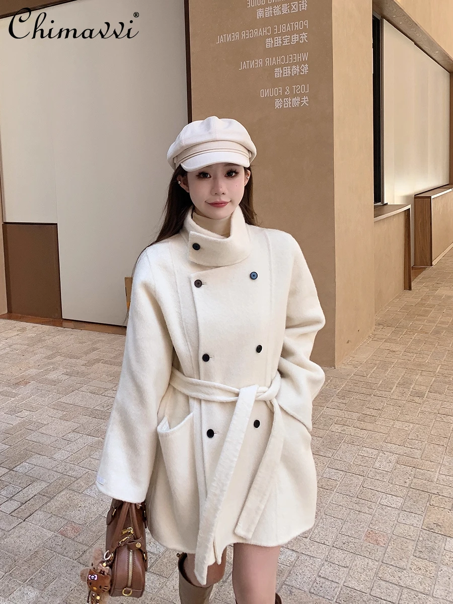 

2025 Autumn and Winter New High-end Stand Collar Double-breasted Wool Coat for Women Fashionable Loose Fit Mid-length Coat