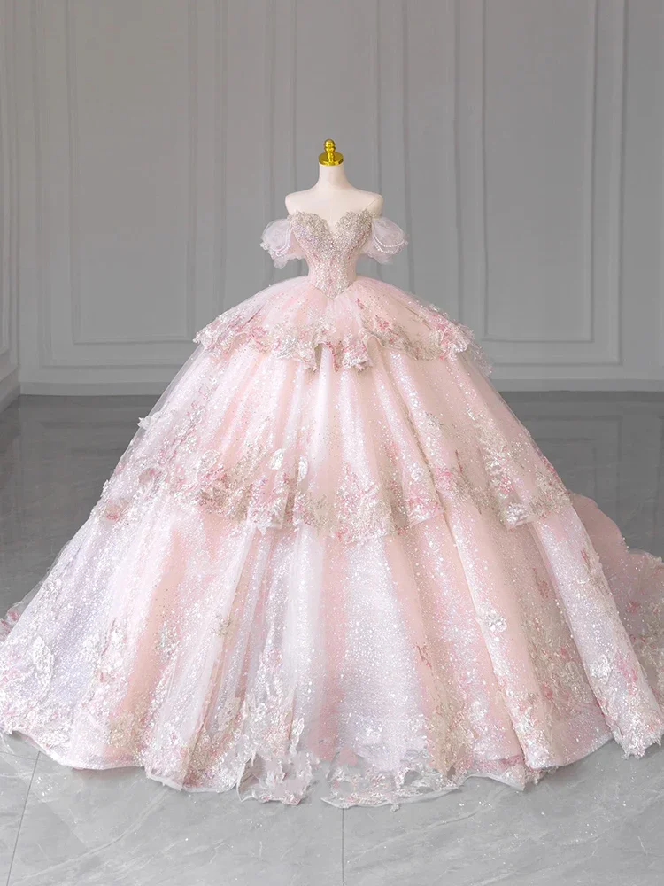 Glitter Handmade Wedding Dresses Sweetheart Off the Shoulder Lace Up Beading Pearls Crystal Court Bridal Gowns Vestido De Noiva
