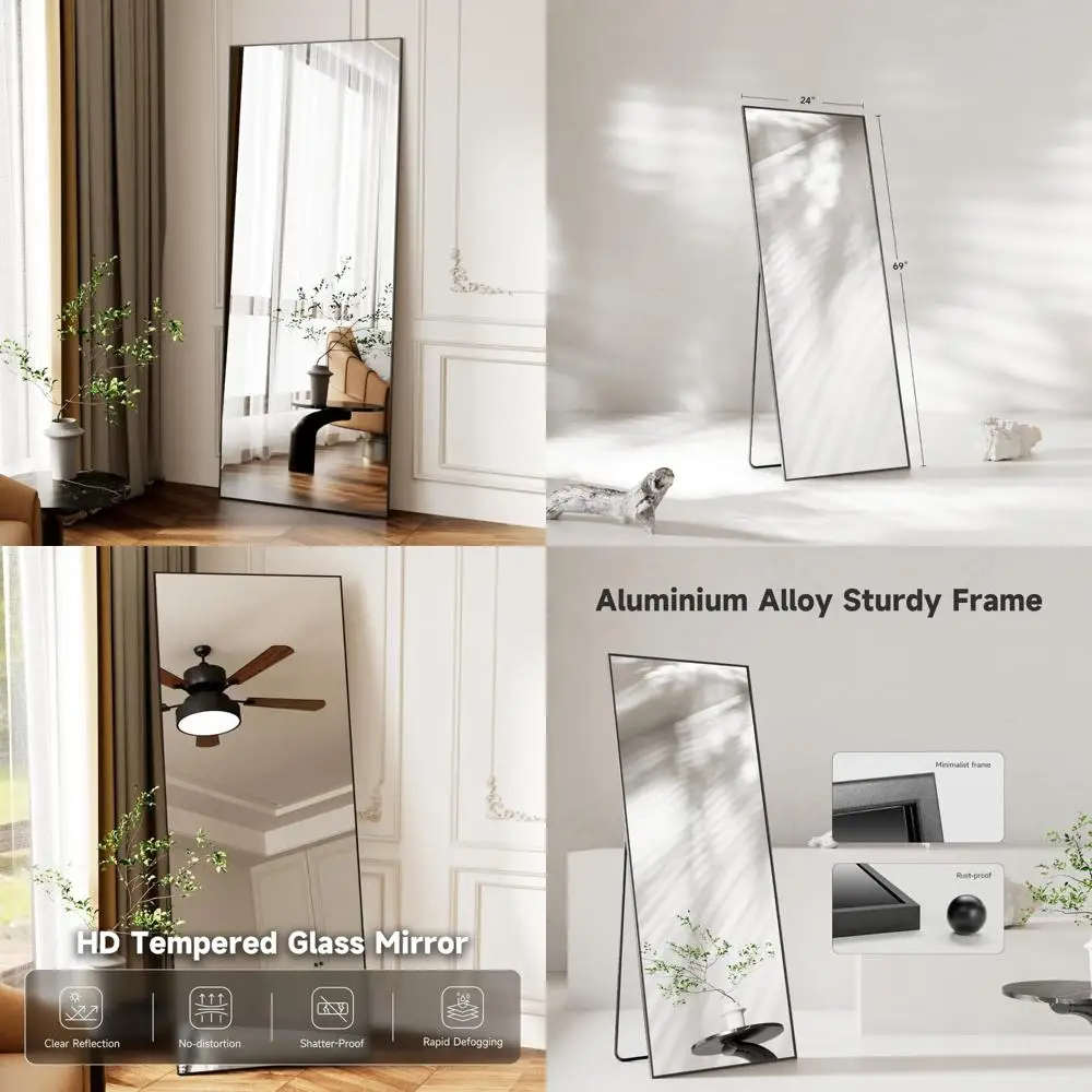 Rechteckiger Standspiegel mit schwarzem gehärtetem Glas, Wandspiegel aus Aluminiumlegierung in voller Länge für Schlafzimmer