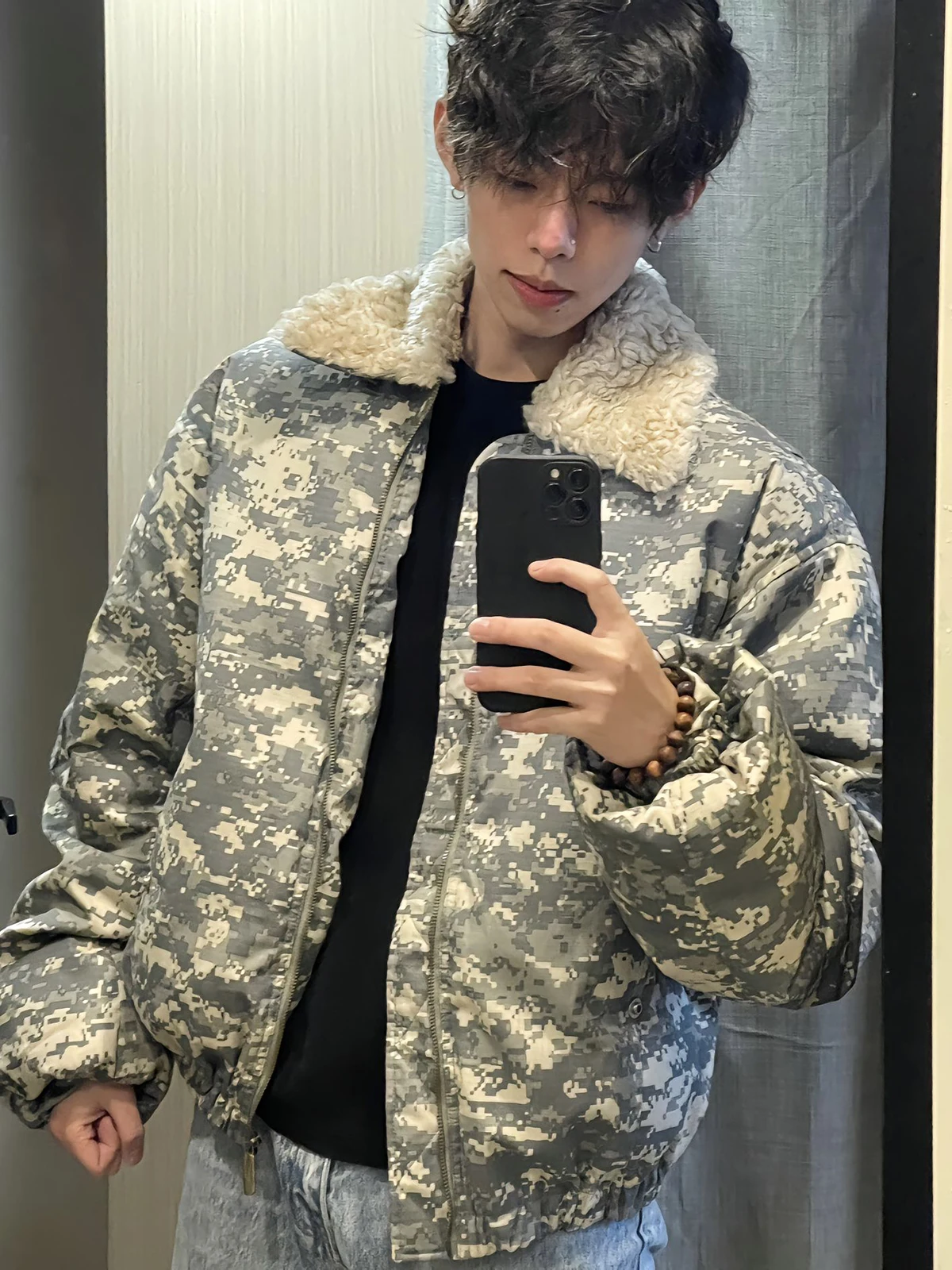 

Men's Winter Thickened Warm Short Cotton Jacket Camouflage Turn-down Collar Vintage American Style Casual Leisure Outerwear