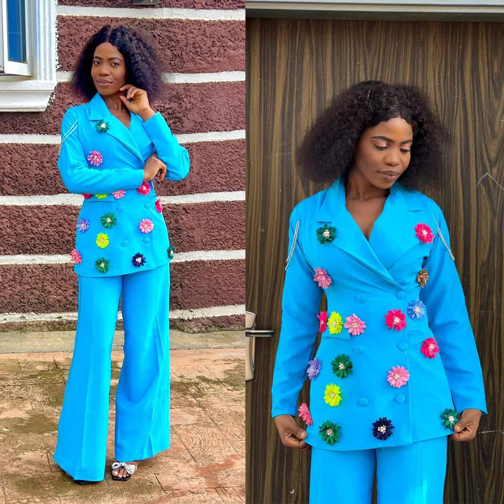 Modern 3D Flowers 2 Pieces Women 's Suits Double Breasted Jacket Sets Formal Office Jacket Customized Wedding Party