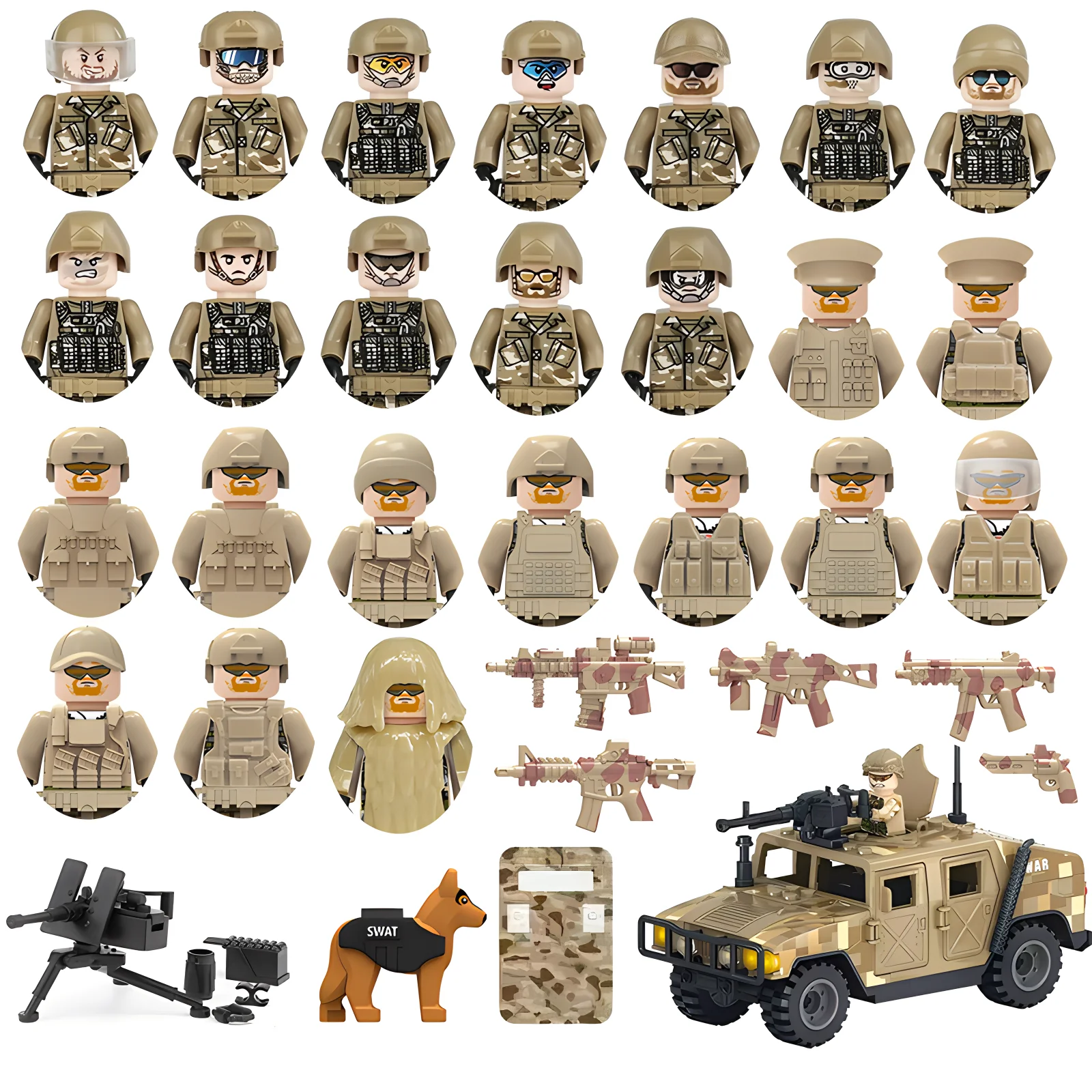 Military Special Forces SWAT Gangster Jeeps Off-Road Vehicle Assault Boat Model Soldier Weapons Building Block Toy For Children