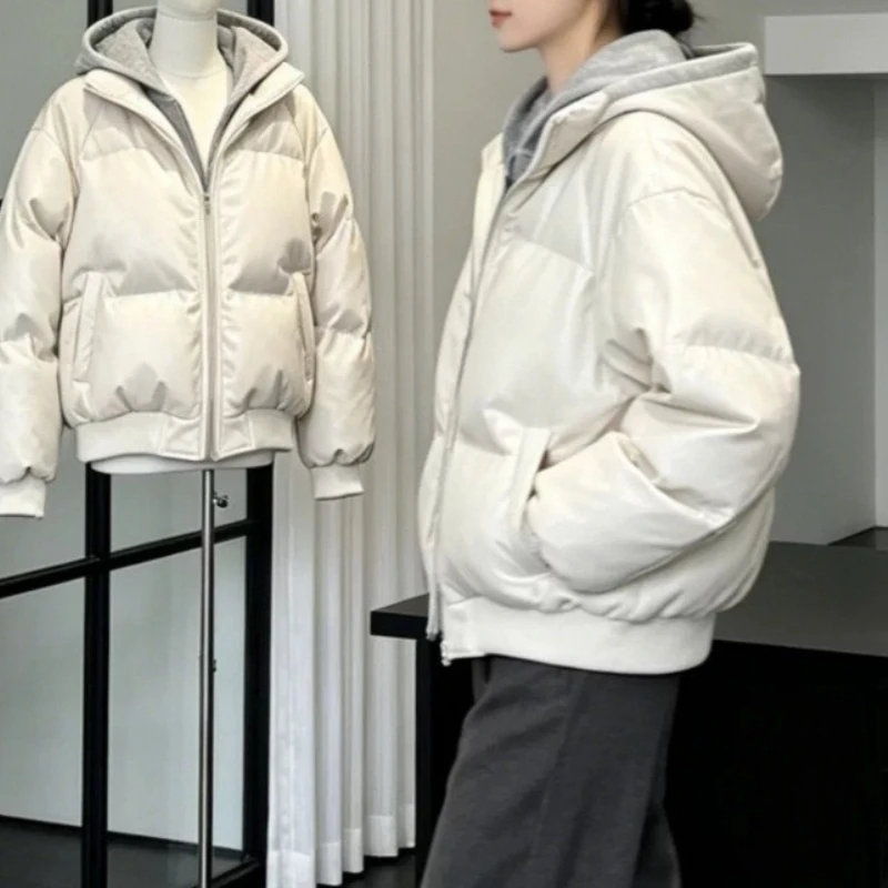 Faux Two Piece Hooded PU Leather Padded Coat Thick Short Cotton Women's Jacket Loose Outerwear Elegant Soft Female Bread Coats