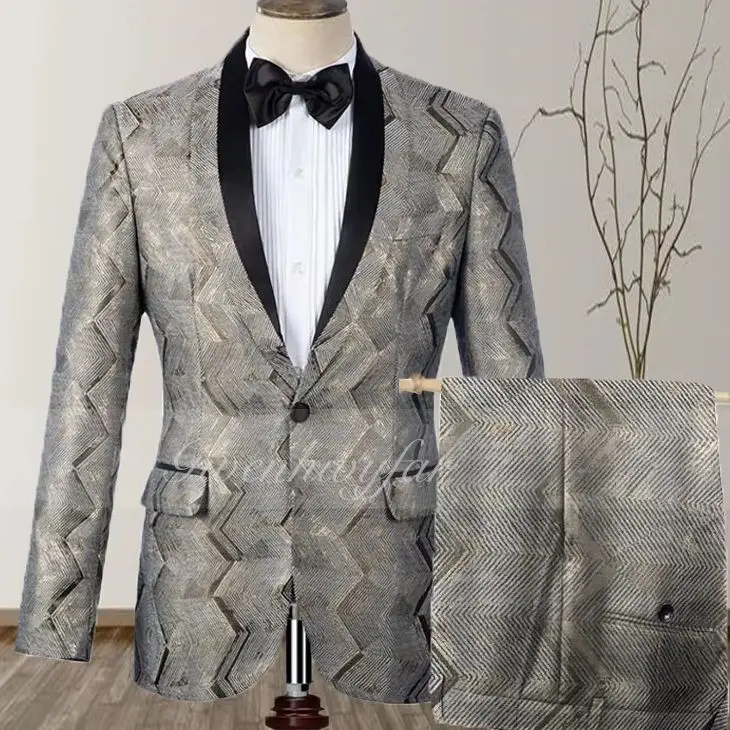 

Gwenhwyfar Terno Masculino Slim Fit Male Bronzing Wave Line Formal Wedding Men One Button Clothes Groom Tuxedo Prom Suit For Men