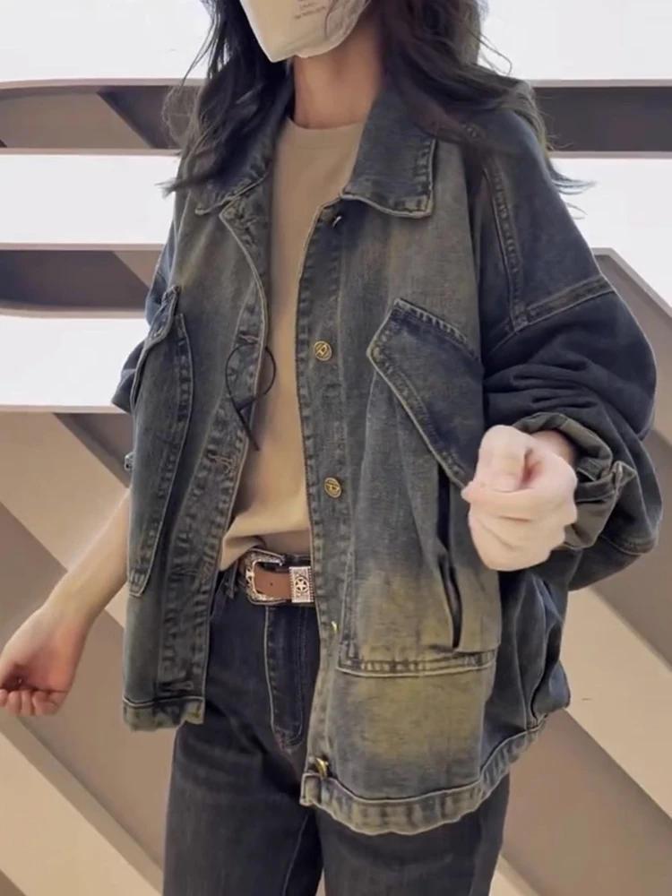 Cool Lazy American Style Women's Denim Jacket Autumn New Arrival Vintage Chic Unique Beautiful Jacket Coat Button Pocket Detail