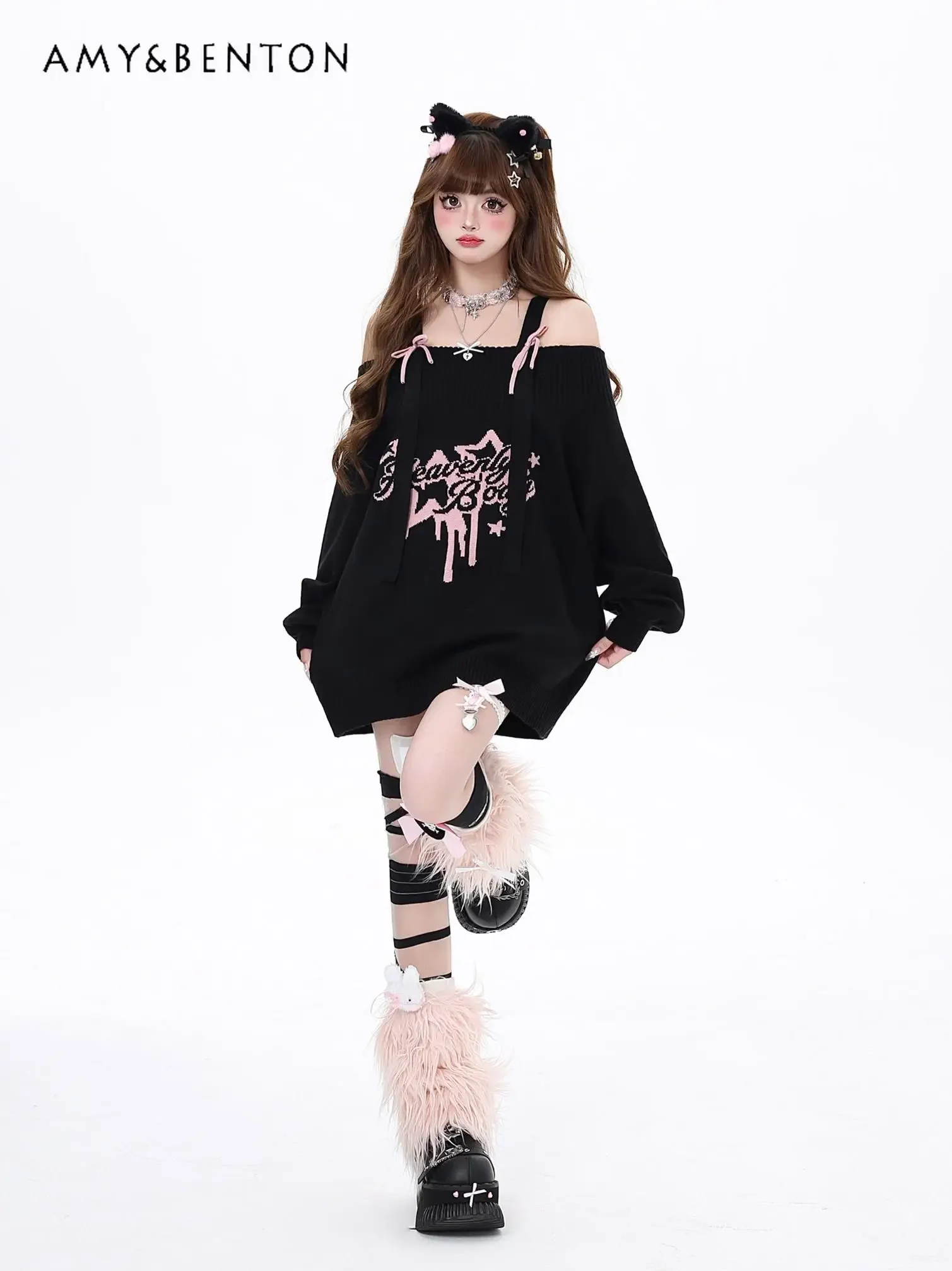 Sweet Bow Sexy Off Shoulder Sweater Women Autumn Winter New Hot Girl Y2K Oversized Sweater Harajuku Subculture Causal Pullover