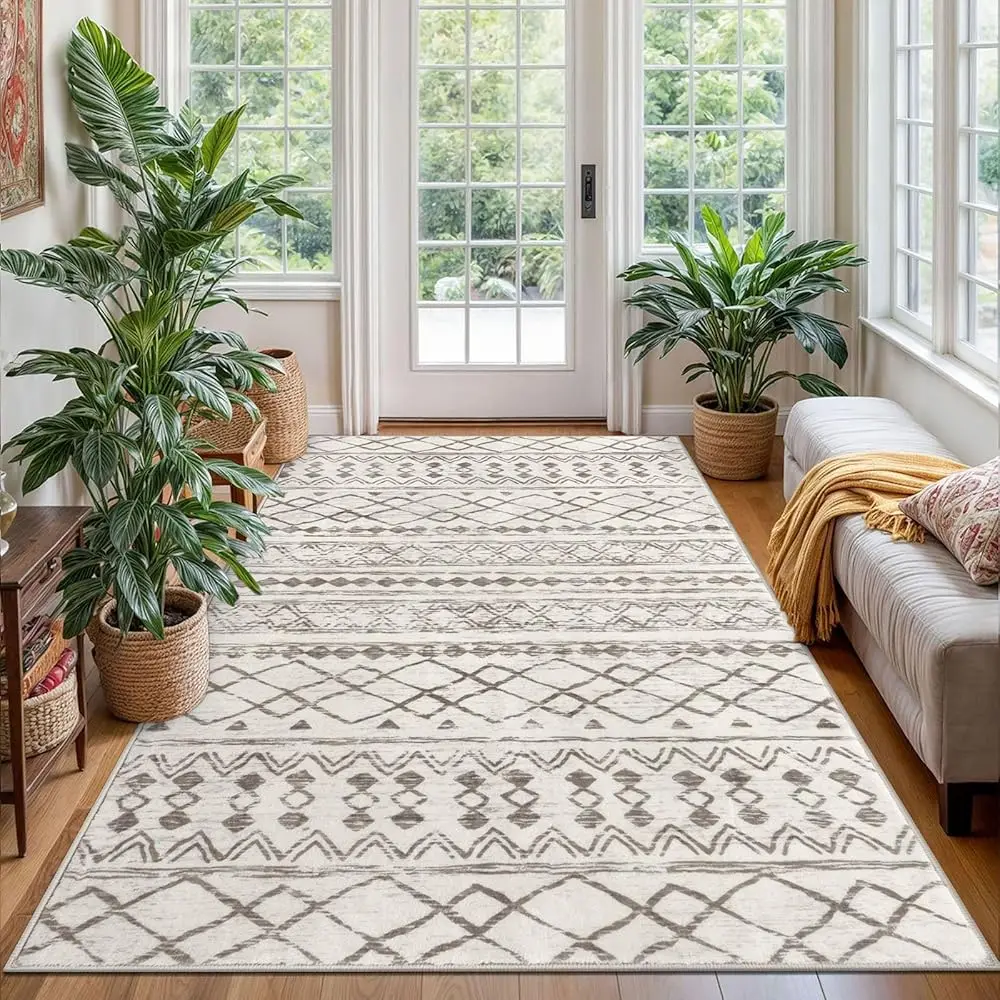 

Area Rug 4X6 Beige Boho, Moroccan Washable Rugs For Living Room Non Slip, Ultra Soft Print Distressed Geometric Low-Pile Throw