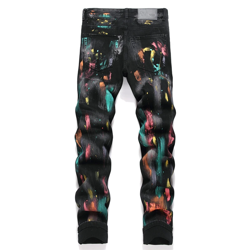 New Punk Style Colored Paint Black Jeans Slim Mid-Waist Straight Casual Pants Men Fashion Denim