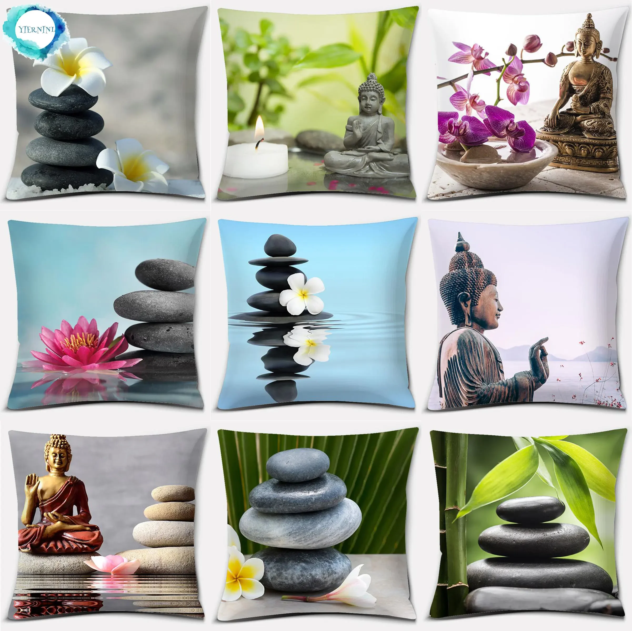 45x45cm Buddha Zen Stone Buddhist Flower Pillow Case Home Office Decoration Throw Pillow Case Bedroom Sofa Cushion Cover