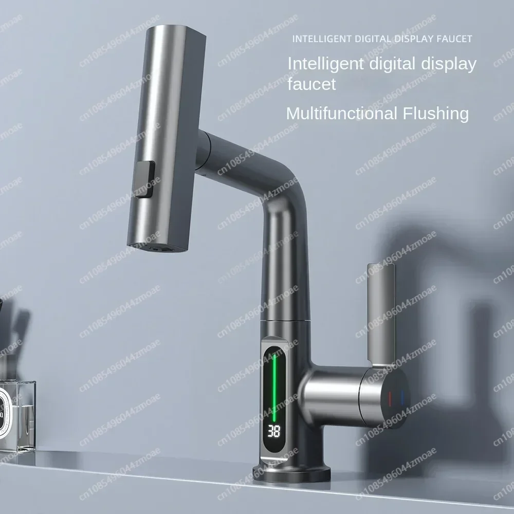 Temperature Digital Display Faucet Pulling Type Adjustable Basin Faucet Waterfall Rain Water Outlet Rotating Faucet