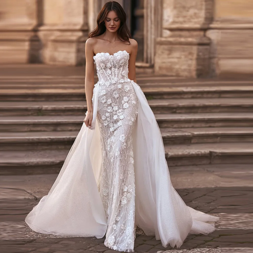 Luxury Handmade Flowers Vestido De Novia Fashion Strapless Sleeveless Bridal Gowns Customized Beading Tulle Wedding Dress