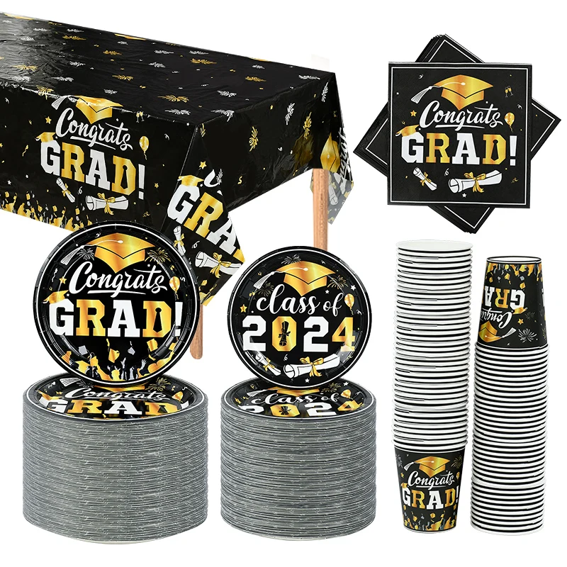 

Graduation Season Theme Party Disposable Tableware Black Gold Paper Plates Cups Napkin Tablecloth Cutlery Graduate Party Decor