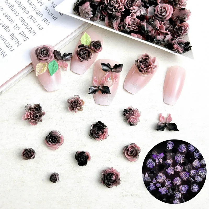 Double Colors Rose Butterfly Nail Charms Luminous Gradient Camellia Flowers Buds Nail Art Decorations Handmade DIY Nail Designs