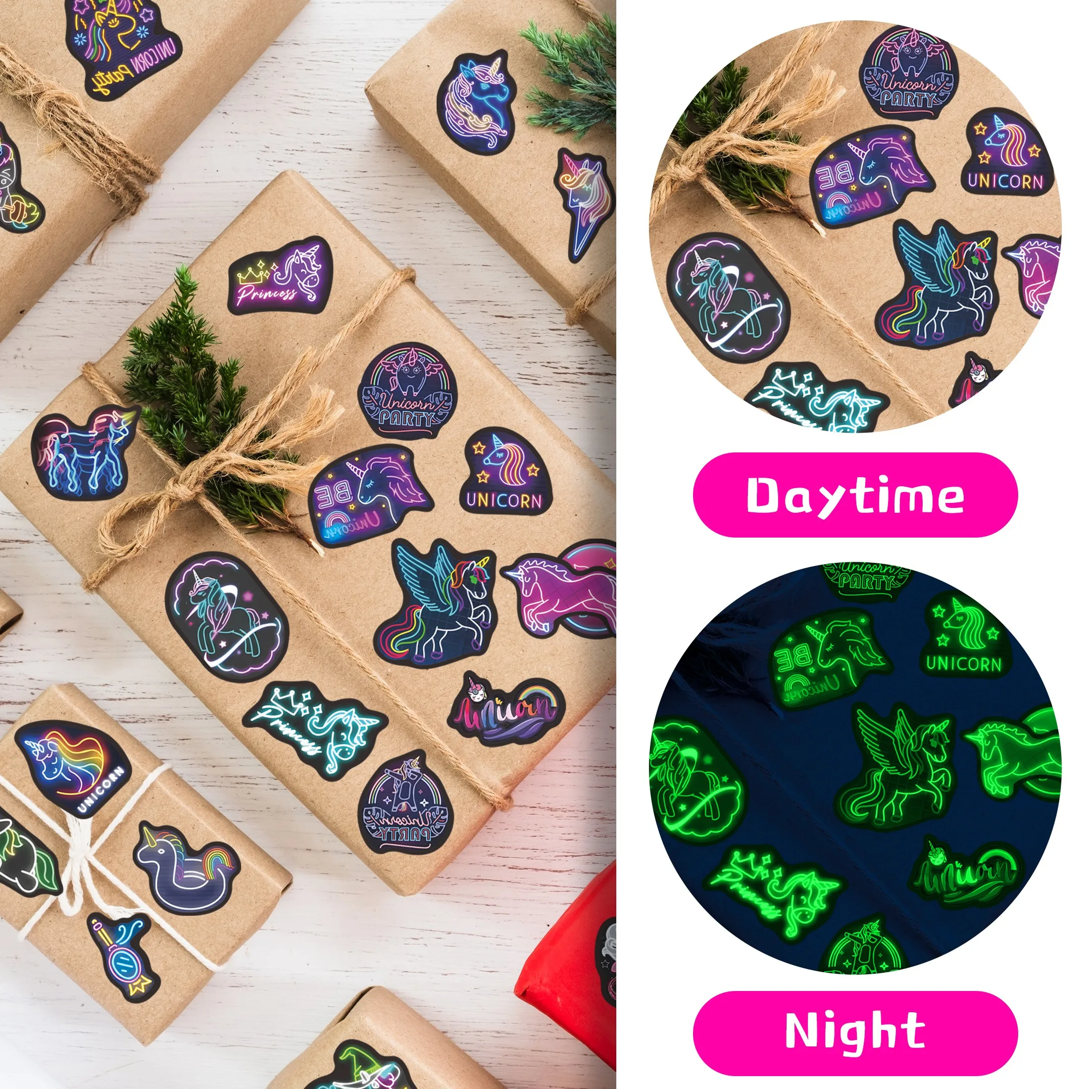 54pcs Glow in the Dark Stickers Neon Unicorn Pattern Luminous Stickers Laptop Water Bottle Waterproof Sticker Party Decoration