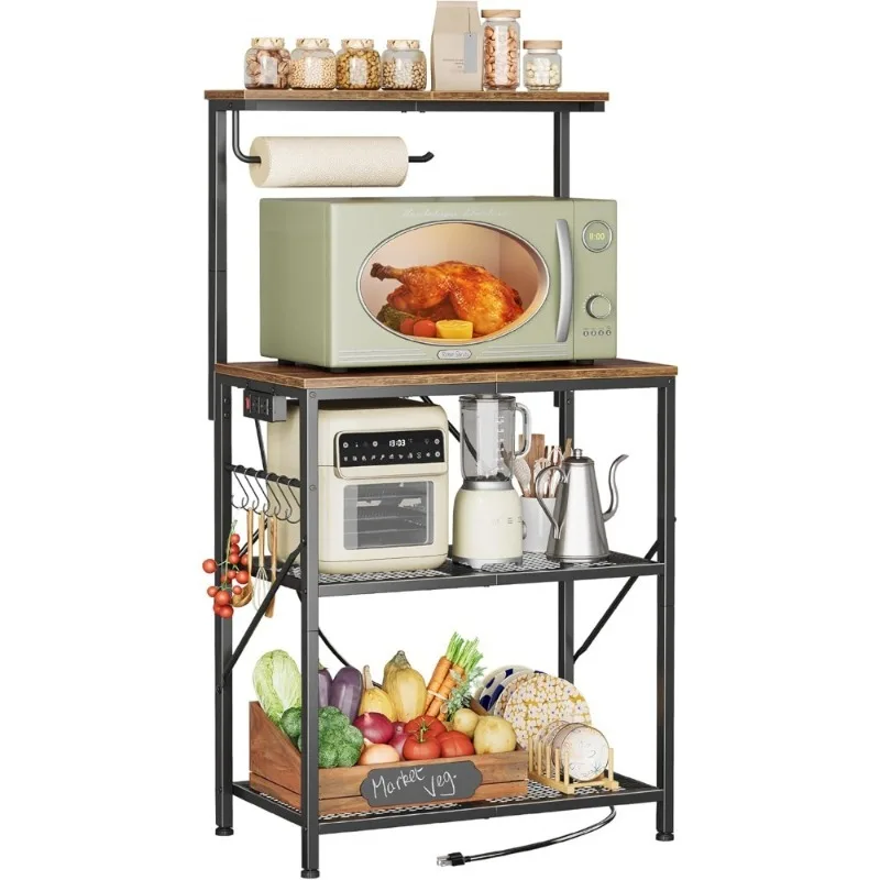 

4-Tier Bakers Rack with Reversible Power Outlet 23.6 Inch Microwave Stand Kitchen Coffee Bar with Top Shelf and 6 S Hooks