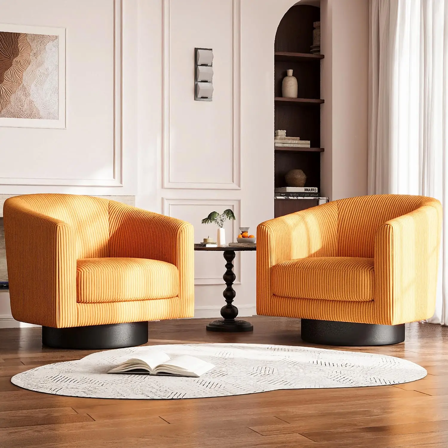 360° Swivel Accent Chairs Set of 2, Modern Bucket Chair, Corduroy Barrel Armchair,  Single Sofa for Living Room Bedroom. Orange