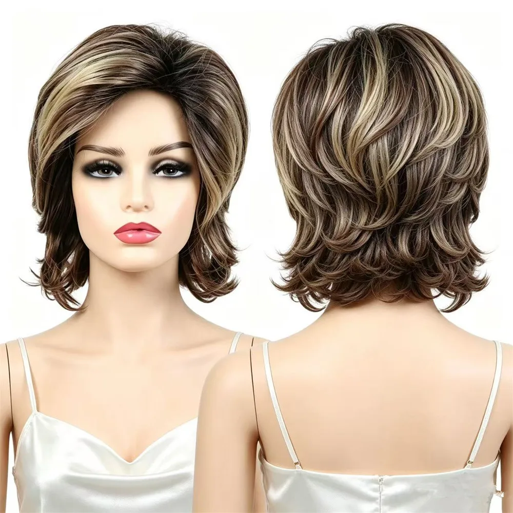 Short Brown Highlight Wavy Synthetic Wig for Women Heat Resistant Fiber Natural Layered Bob Style for Daily Party Cosplay