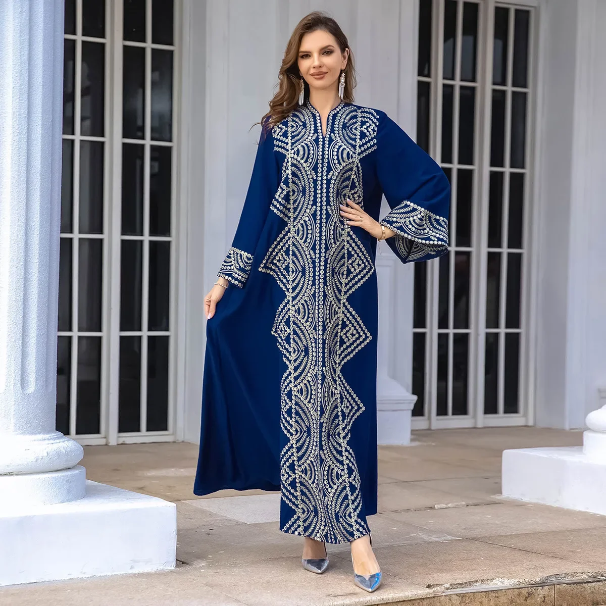 

Muslim Women's Blue Robe Sequin Embroidered Abaya Dubai Robe Middle Eastern Evening Dress 2025 Spring Fashion New Casual Dresses