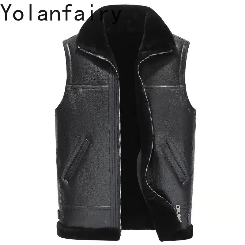 YOLANFAIRY Natural Sheep Fur Coat Man Winter Short Genuine Leather Jacket Men Sleeveless Casual Black Fur Vest Warm Waistcoat