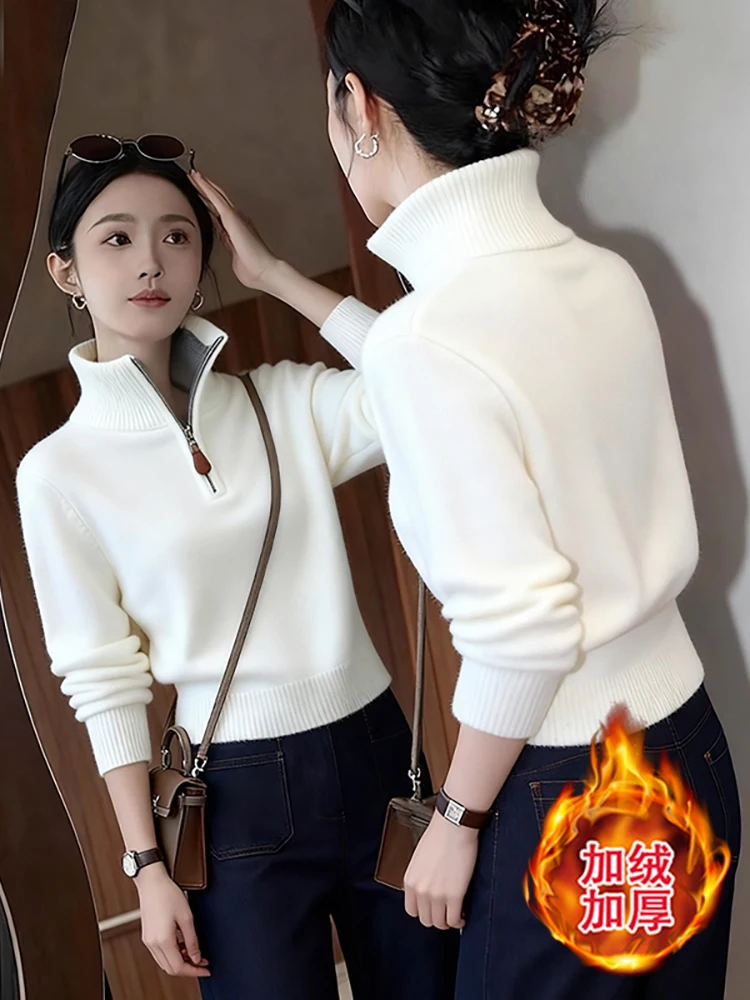 

Women's Knitted Sweater Thickened Casual Warm Base Layer White Top Zipper Design V-Neck Long Sleeve Korean Style Commute Fashion
