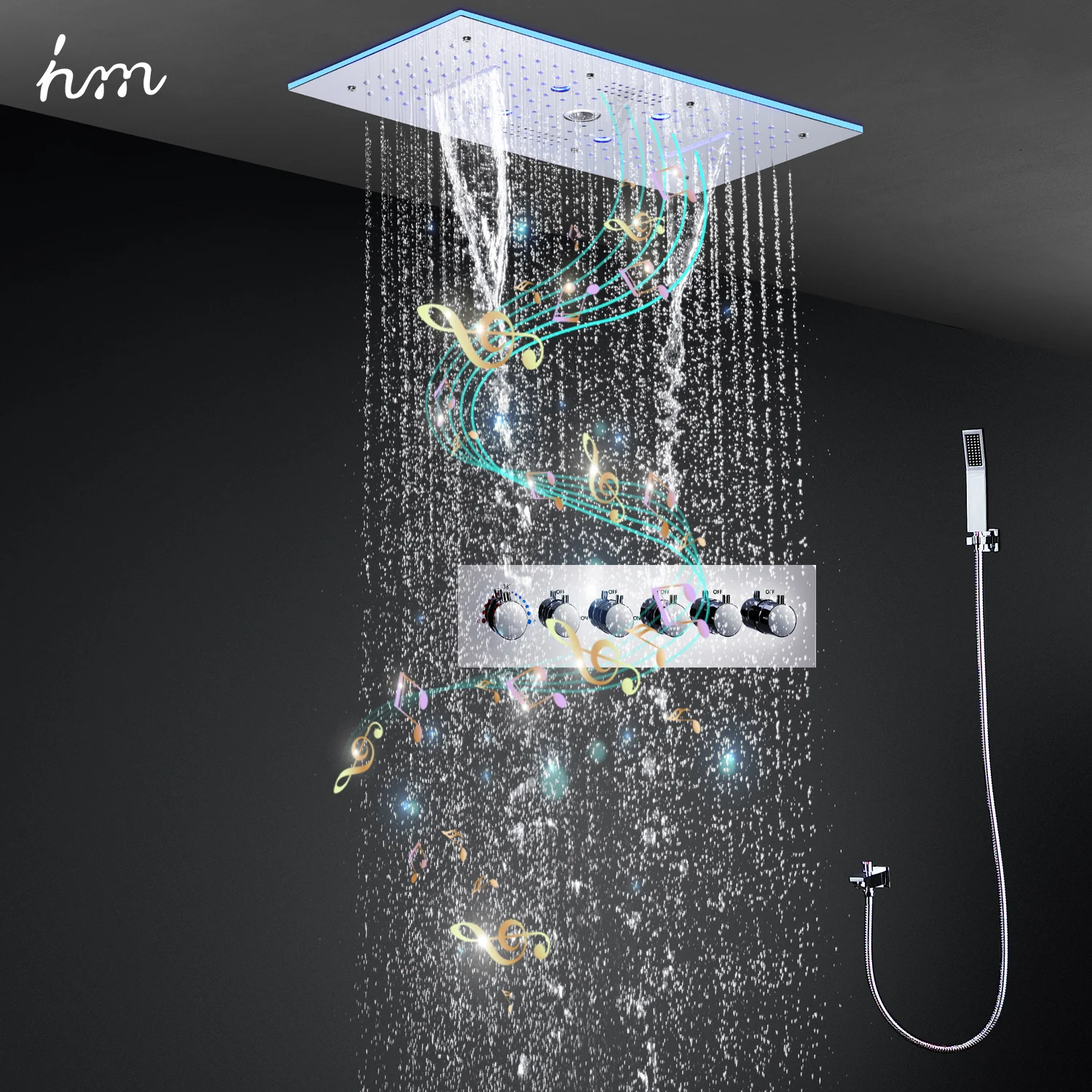 hm 6 Functions Music Shower System Ceiling LED Shower Head Panel Rainfall Misty Waterfall Thermostatic Shower Mixer Diverter Set