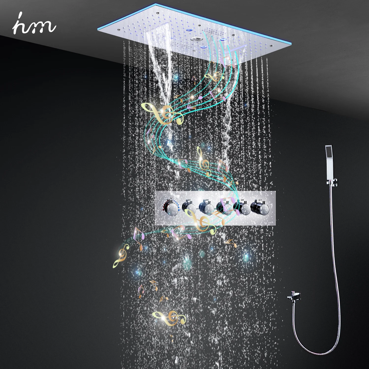 hm 6 Functions LED Shower System Bluetooth Music Shower Head Misty Waterfall Rainfall Shower Set Thermostatic Diverter Faucets