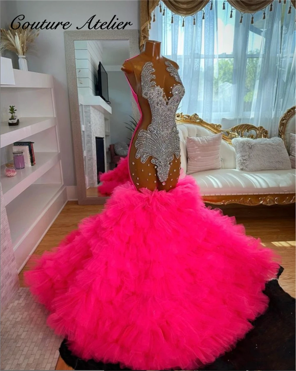

Hot Pink Tulle Ruched Train Prom Dresses 2024 For Black Girls Birthday Party Dress Mermiad African Evening Gown Formal Gown