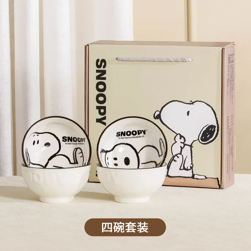 

Anime Cartoon Snoopy 4Pcs Ceramic Bowl Gift Box Kawaii Relief Series 300Ml Large Capacity Rice Bowl Soup Bowl Gift for Friends