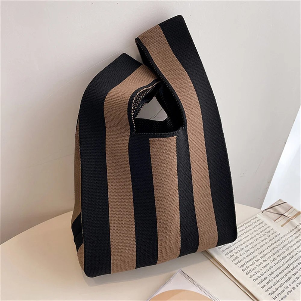 Thin Striped Handbag Women Mini Knot Wrist Bag Japanese Style Casual Color Handmade Knit Tote Bag Student Reusable Shopping Bag