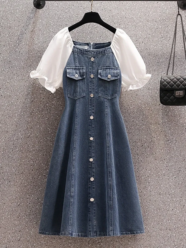 

4XL Plus Size Women Summer Denim Dresses 2024 Fashion Patchwork Button Short Sleeve Square Collar Blue Dress Casual Loose