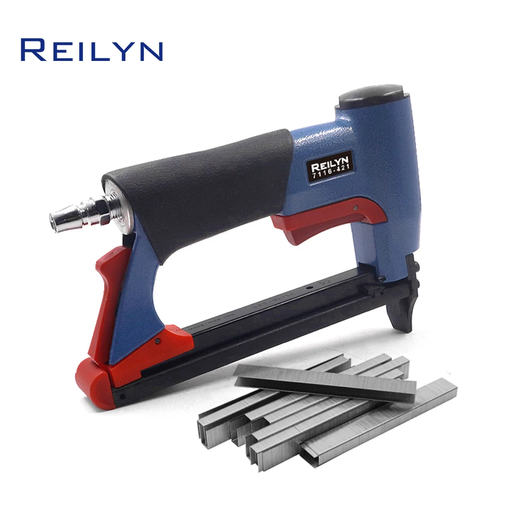 

Pneumatic Upholstery Stapler 7116 22GA Fine-Wire Crown Nailer with 2000pcs Staples Length 16mm for Fastening Frame Sofa Floor