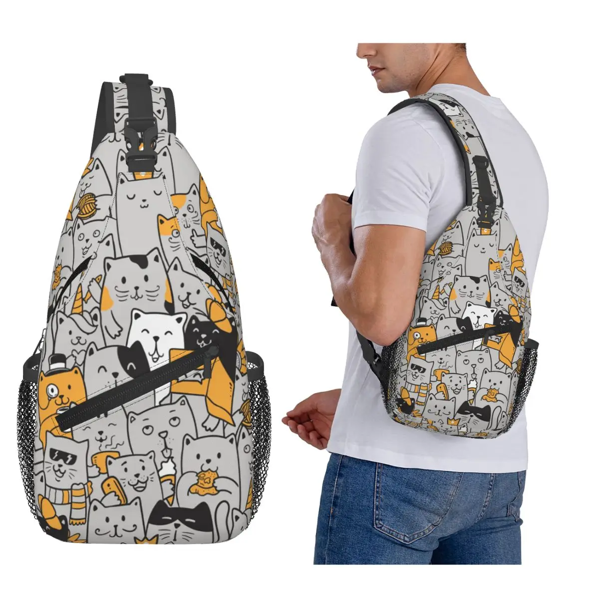 Cute Kitten Cat Pattern Chest Bag Men Sling Crossbody Backpack Chest Bag Travel Hiking Daypack Shoulder Bag